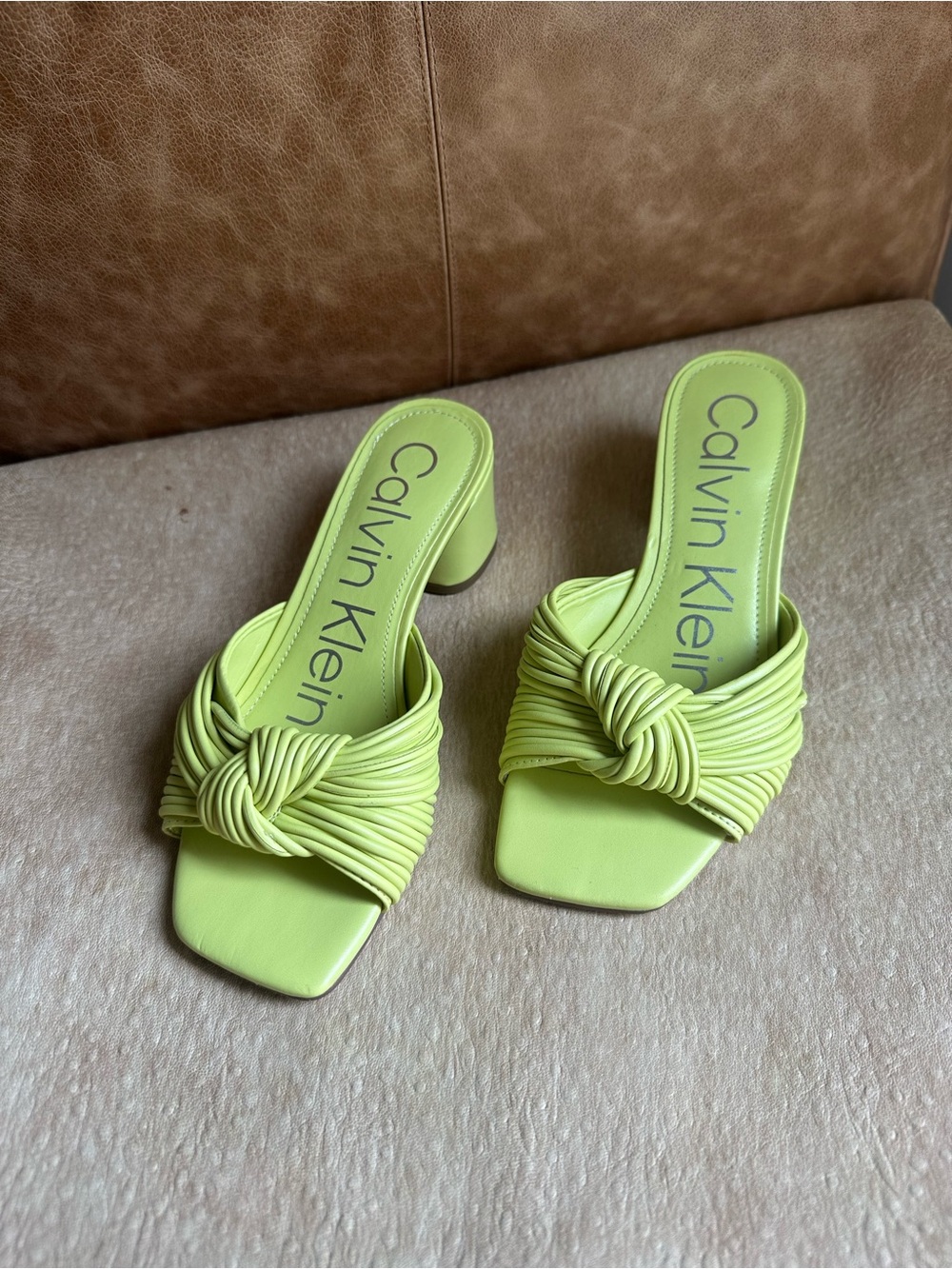Calvin Klein Beanca Sandals, Lime Green Knotted Heel Sandal Slide